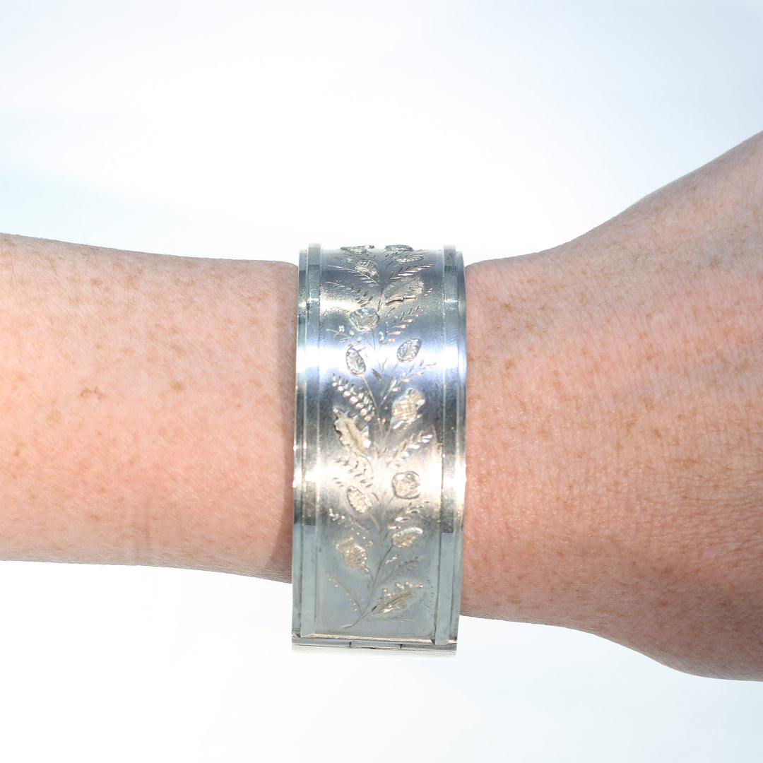 Victorian Sterling Silver Engraved Thistles Bangle Cuff Bracelet Hallmarked 1893