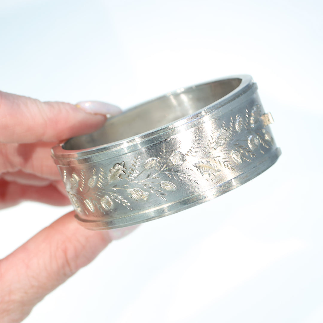 Victorian Sterling Silver Engraved Thistles Bangle Cuff Bracelet Hallmarked 1893