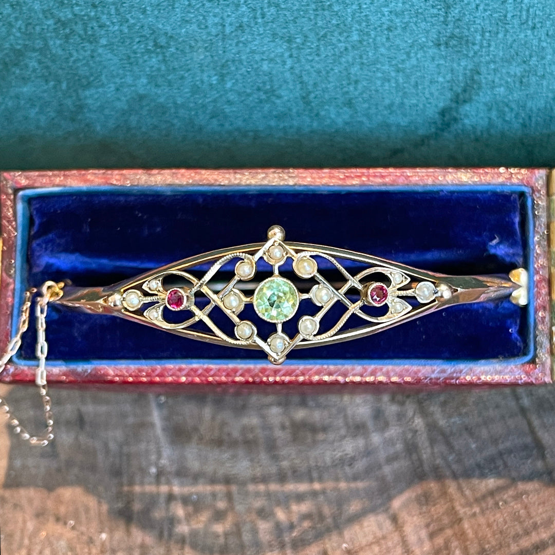 Antique Edwardian Suffragette Bangle Bracelet with Ruby, Pearls and Peridot 9k Gold