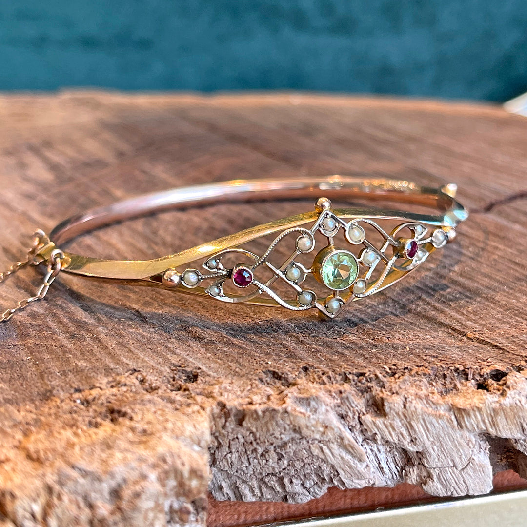 Antique Edwardian Suffragette Bangle Bracelet with Ruby, Pearls and Peridot 9k Gold