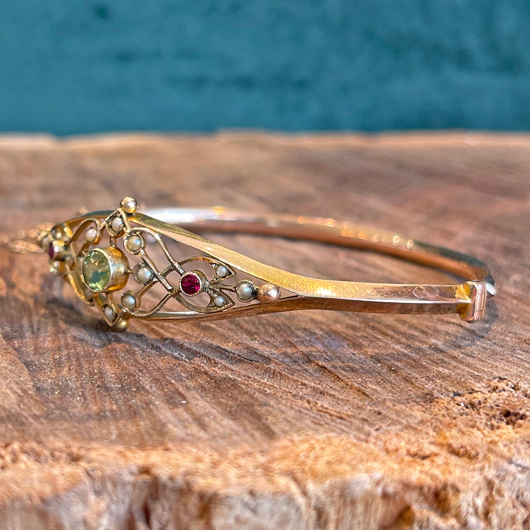 Antique Edwardian Suffragette Bangle Bracelet with Ruby, Pearls and Peridot 9k Gold