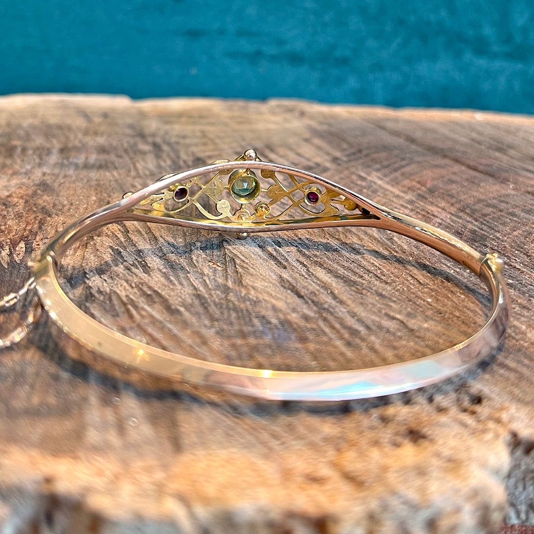 Antique Edwardian Suffragette Bangle Bracelet with Ruby, Pearls and Peridot 9k Gold