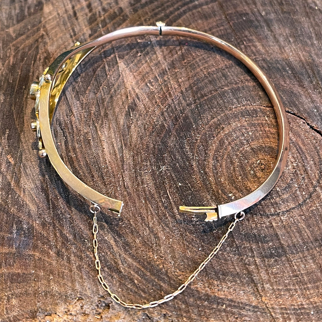 Antique Edwardian Suffragette Bangle Bracelet with Ruby, Pearls and Peridot 9k Gold