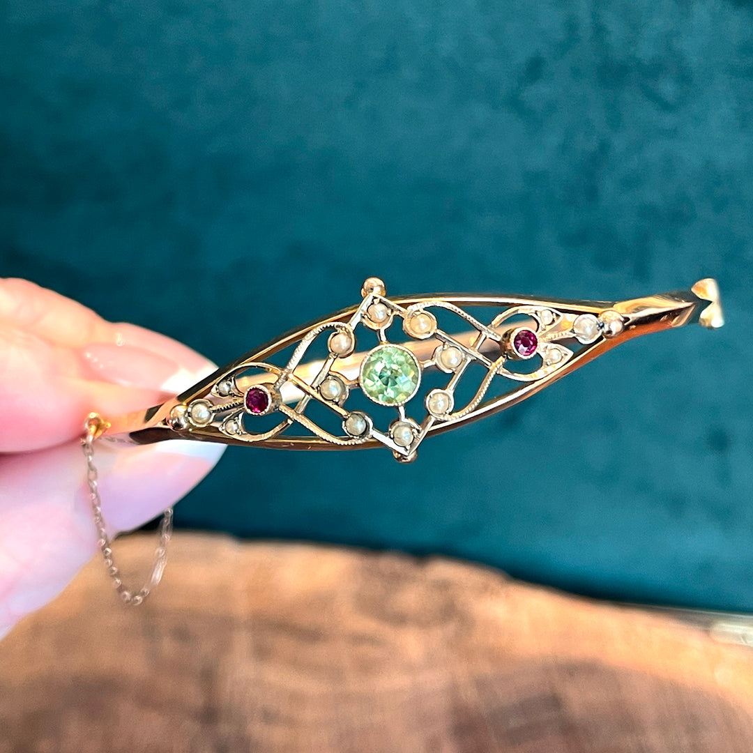 Antique Edwardian Suffragette Bangle Bracelet with Ruby, Pearls and Peridot 9k Gold