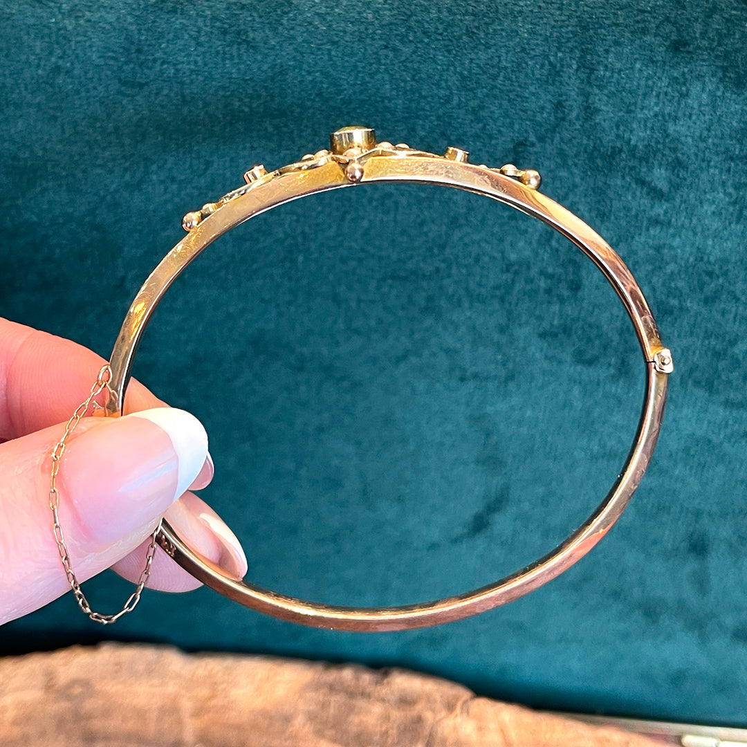 Antique Edwardian Suffragette Bangle Bracelet with Ruby, Pearls and Peridot 9k Gold