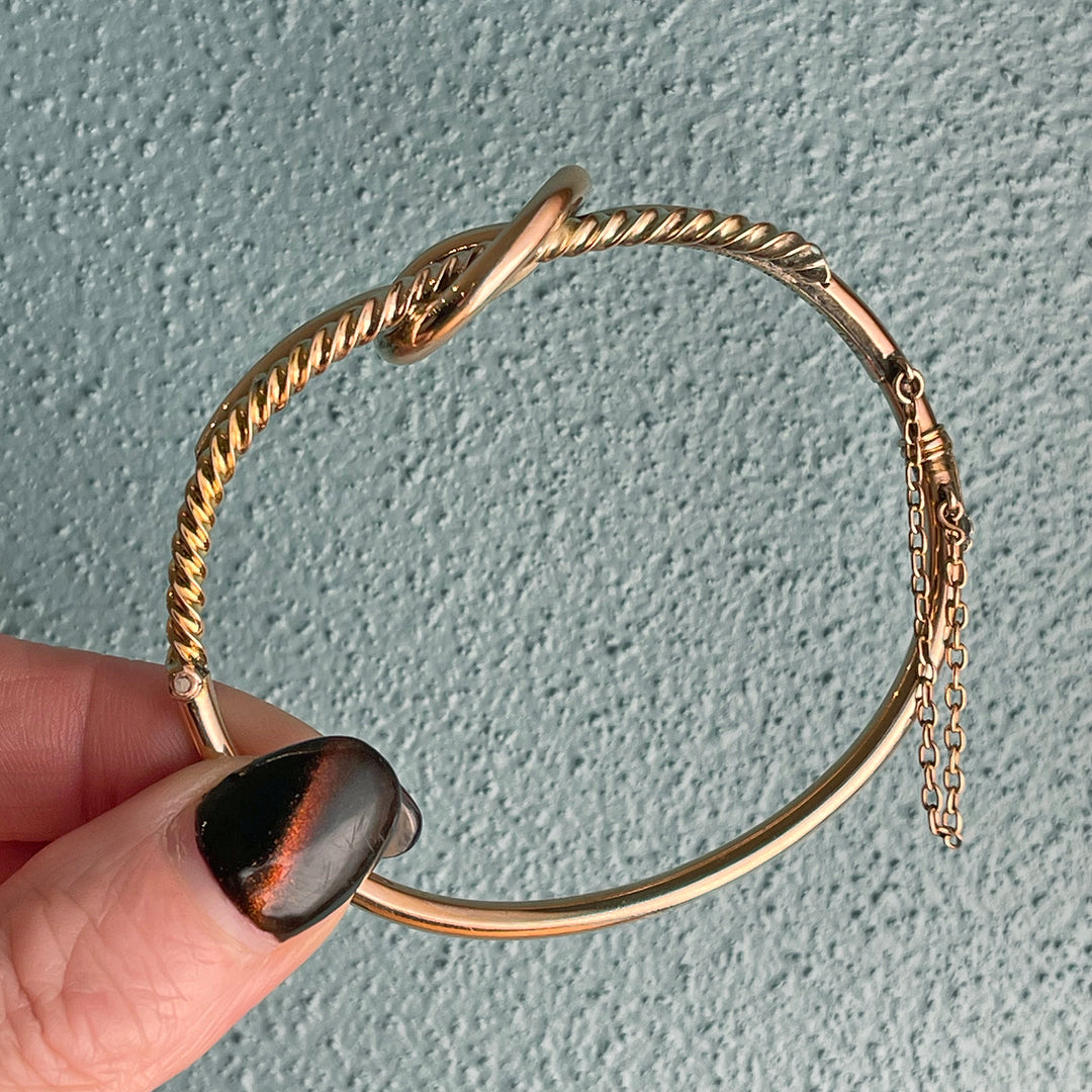 Antique English 9k Gold Love Knot Bangle Bracelet, Circa 1890