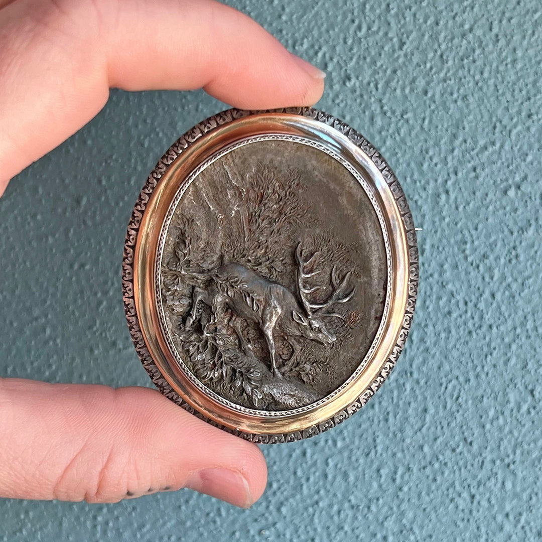 Antique Steel Brooch Elk in Wilderness c.1800