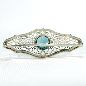 Vintage White Gold Filigree Round Faceted Bezel Set Blue Zircon Brooch