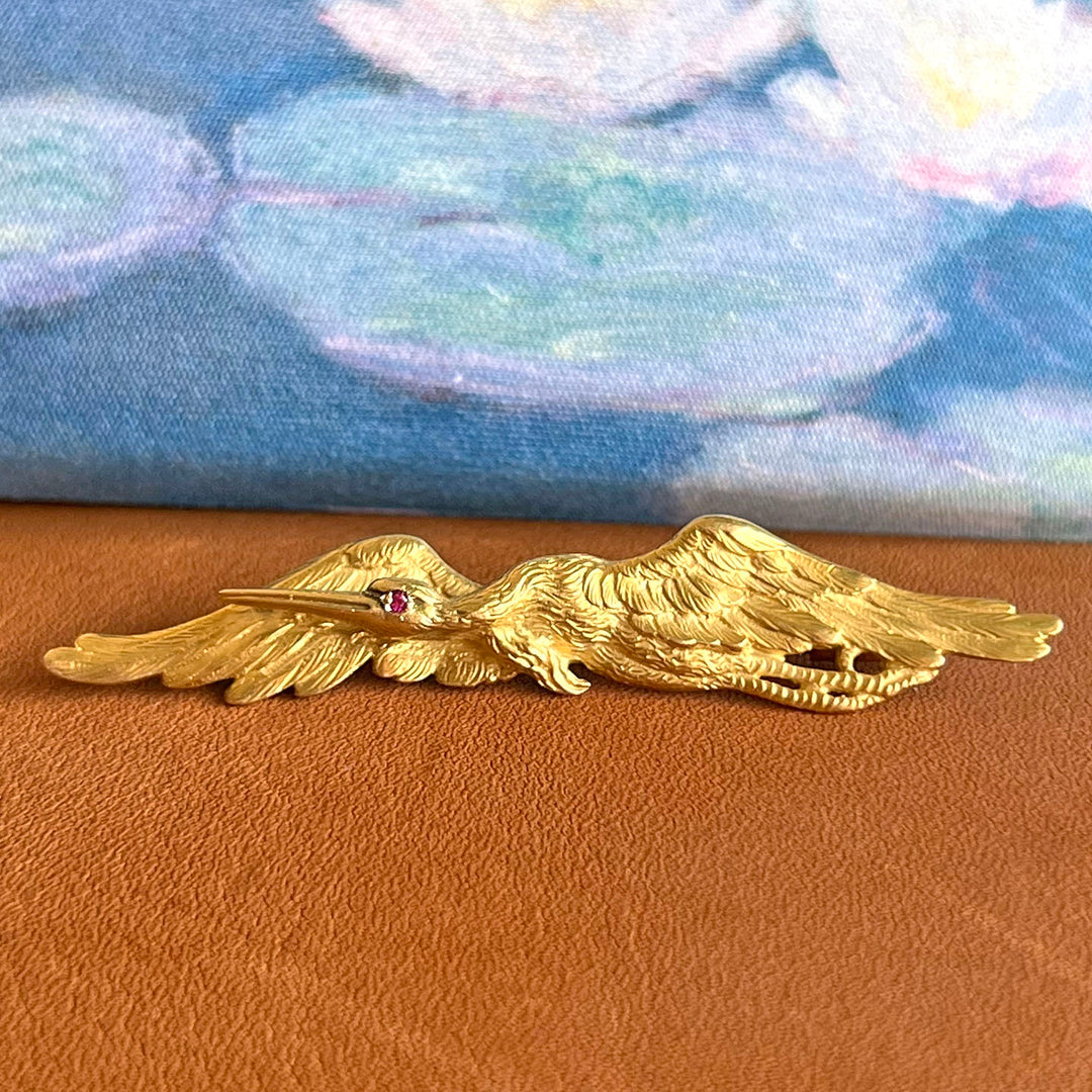 Antique French Bird Brooch Pendant 18kt Gold Ruby Eye