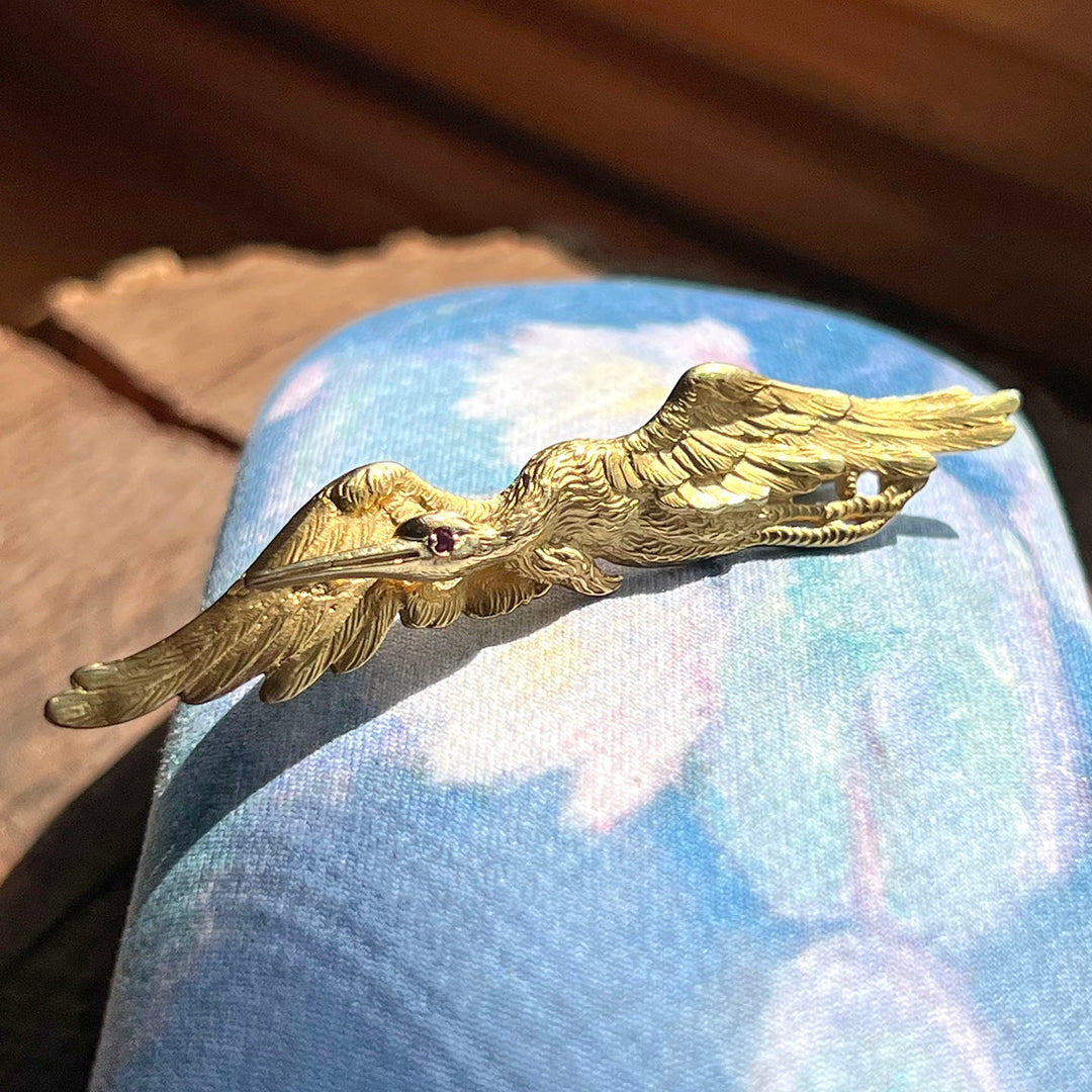 Antique French Bird Brooch Pendant 18kt Gold Ruby Eye