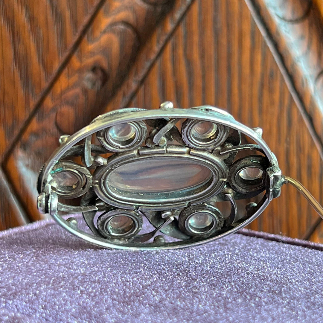 Antique Art & Crafts Silver Moonstone Oval Brooch Pin