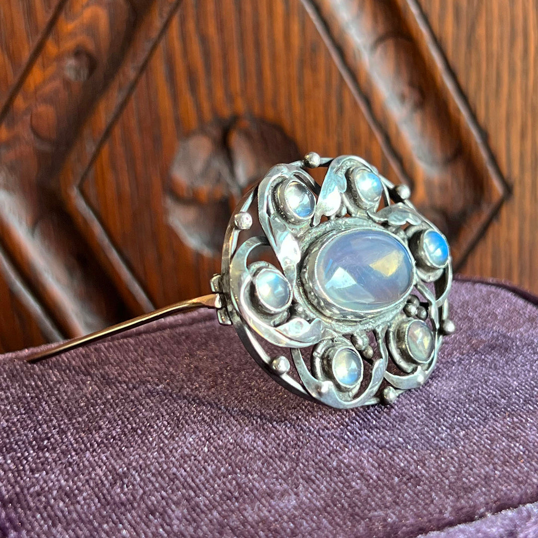 Antique Art & Crafts Silver Moonstone Oval Brooch Pin