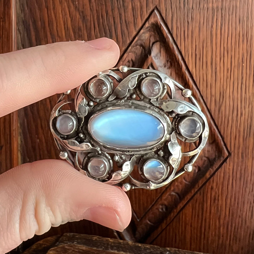 Antique Art & Crafts Silver Moonstone Oval Brooch Pin