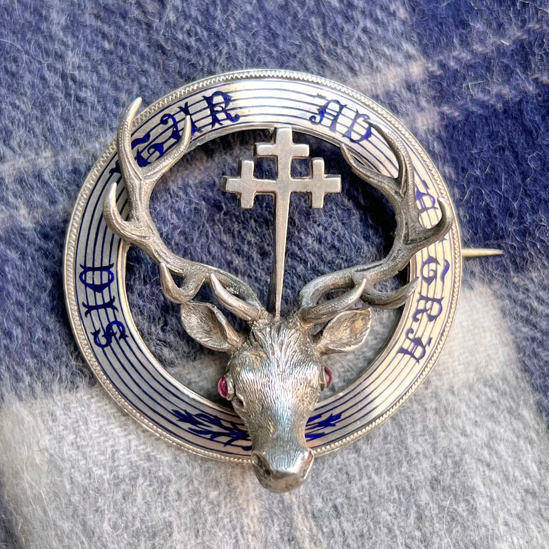 Antique Scottish Silver Stag Clan Brooch 'Thus one goes to the Stars'