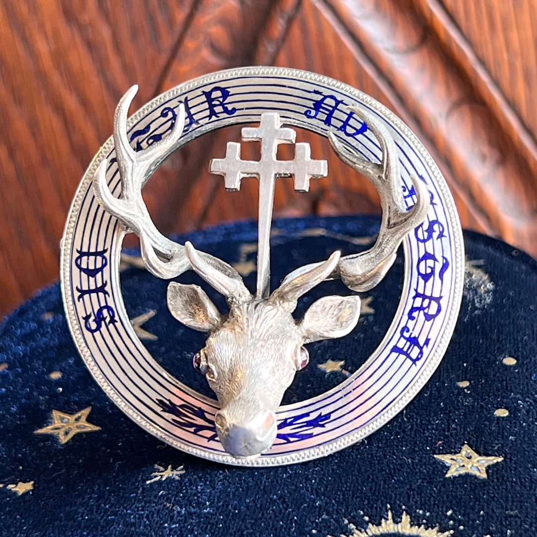Antique Scottish Silver Stag Clan Brooch 'Thus one goes to the Stars'