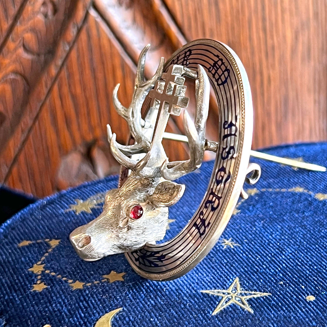 Antique Scottish Silver Stag Clan Brooch 'Thus one goes to the Stars'