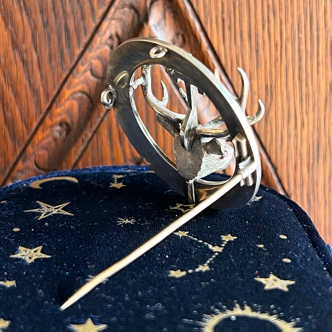 Antique Scottish Silver Stag Clan Brooch 'Thus one goes to the Stars'