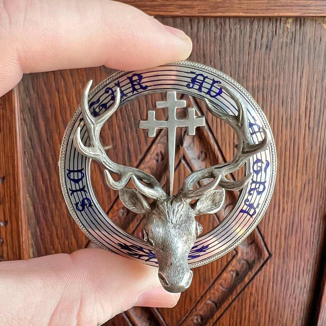 Antique Scottish Silver Stag Clan Brooch 'Thus one goes to the Stars'