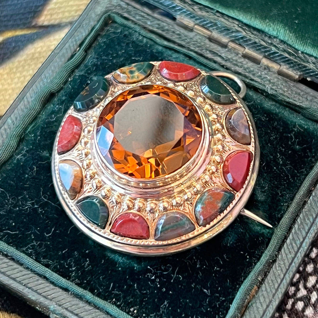 Antique Victorian Scottish Citrine Agate Brooch Pendant, c. 1870