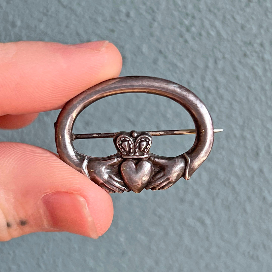 Antique Victorian Silver Claddagh Brooch c. 1900