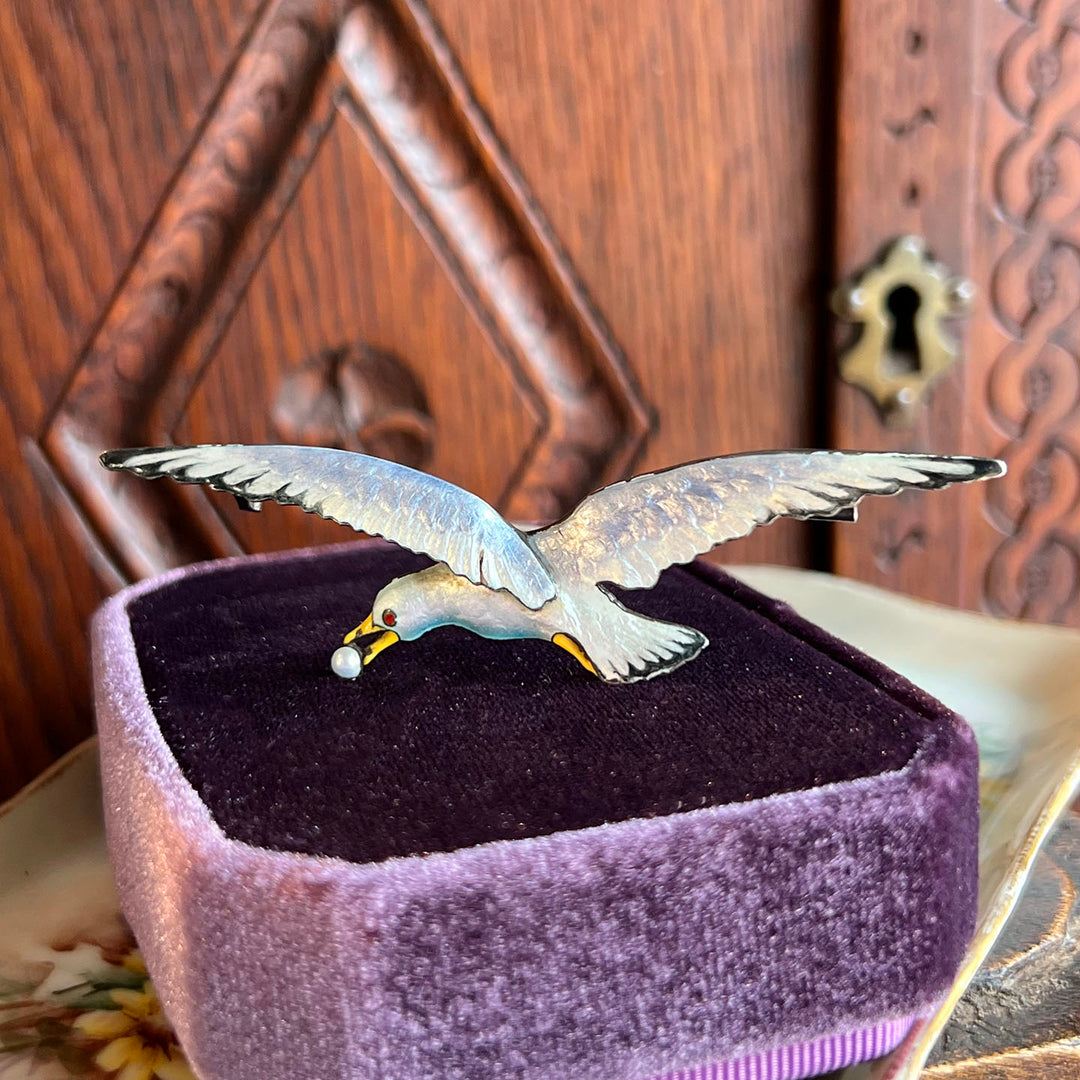 Antique Silver Enamel Brooch Seagull in Flight