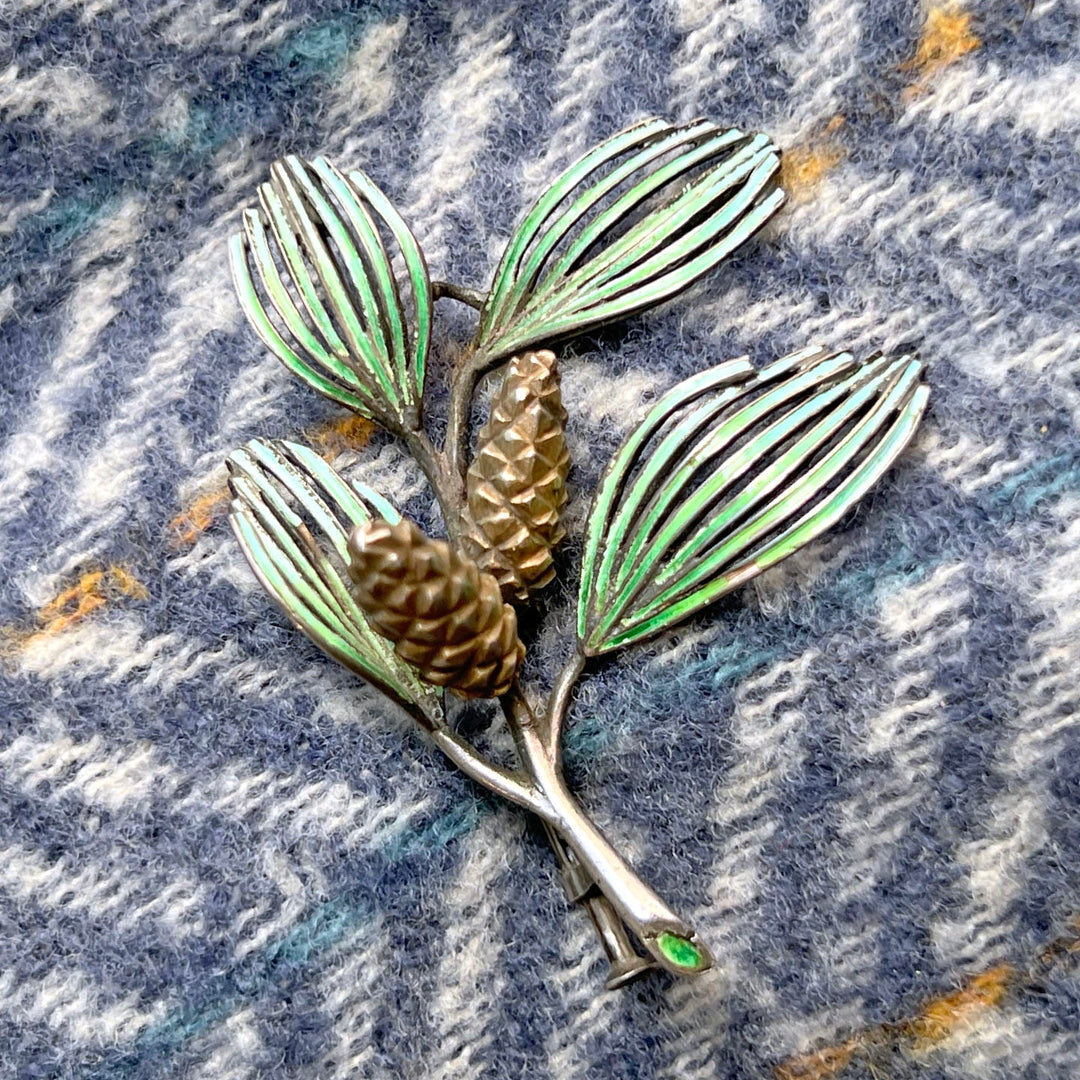 Antique Spanish Silver Enamel Pine Branch Brooch