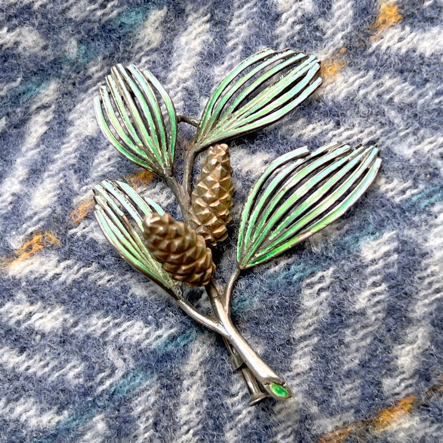 Antique Spanish Silver Enamel Pine Branch Brooch