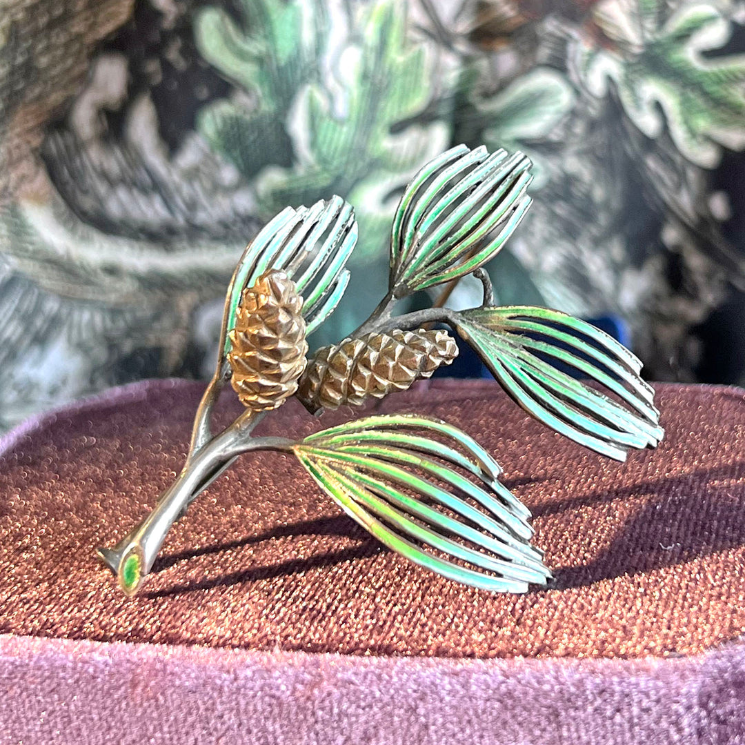 Antique Spanish Silver Enamel Pine Branch Brooch