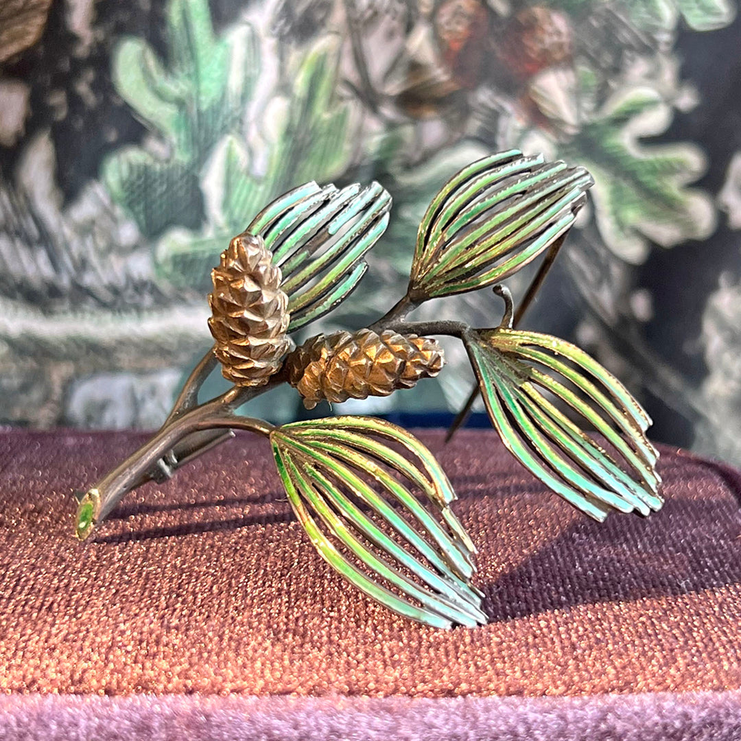 Antique Spanish Silver Enamel Pine Branch Brooch