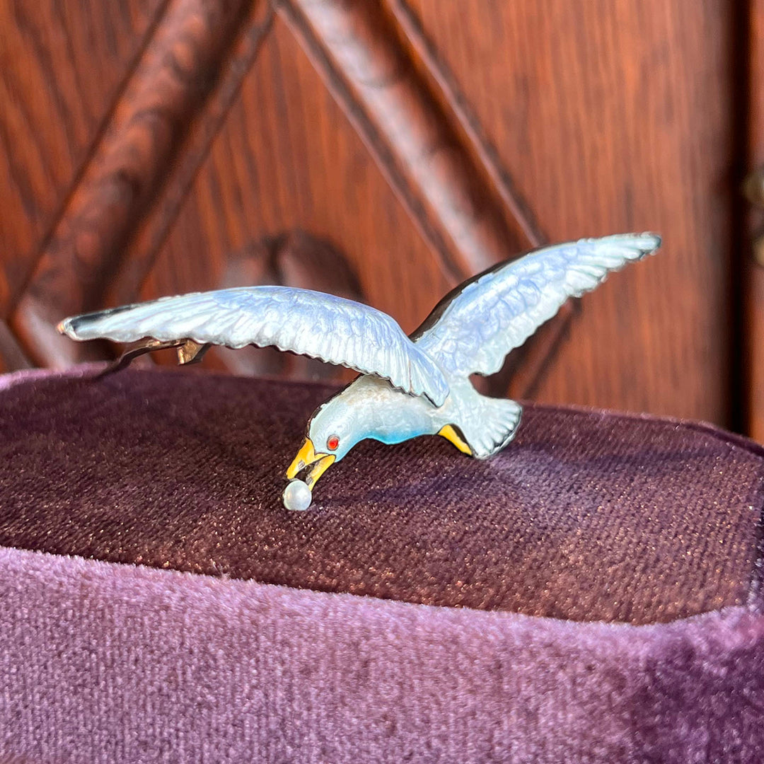 Antique Silver Enamel Brooch Seagull in Flight
