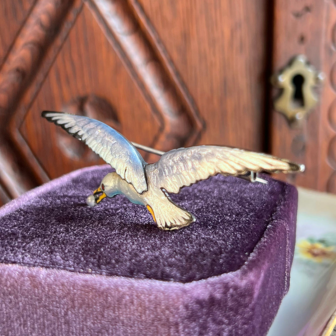 Antique Silver Enamel Brooch Seagull in Flight