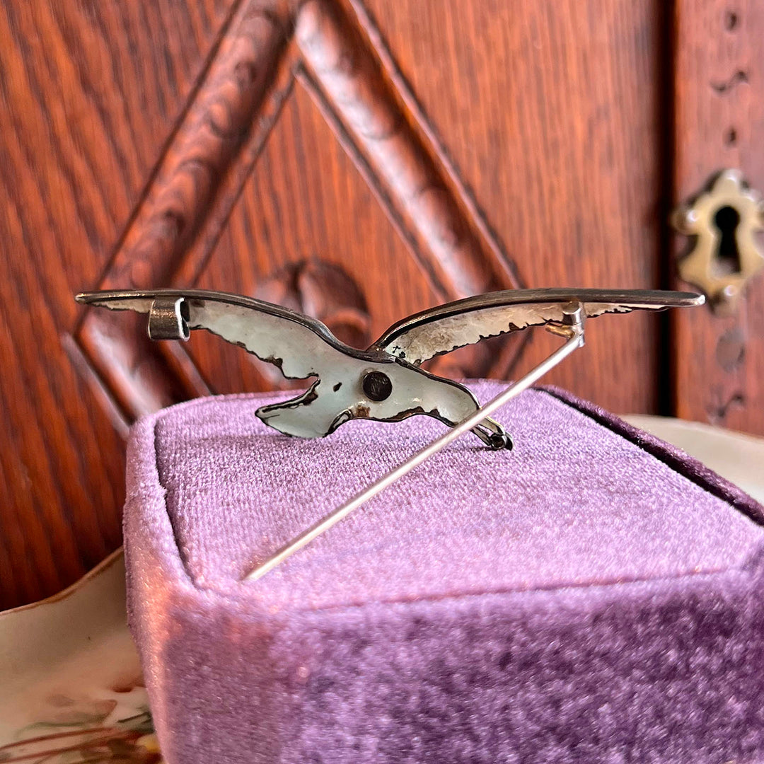 Antique Silver Enamel Brooch Seagull in Flight