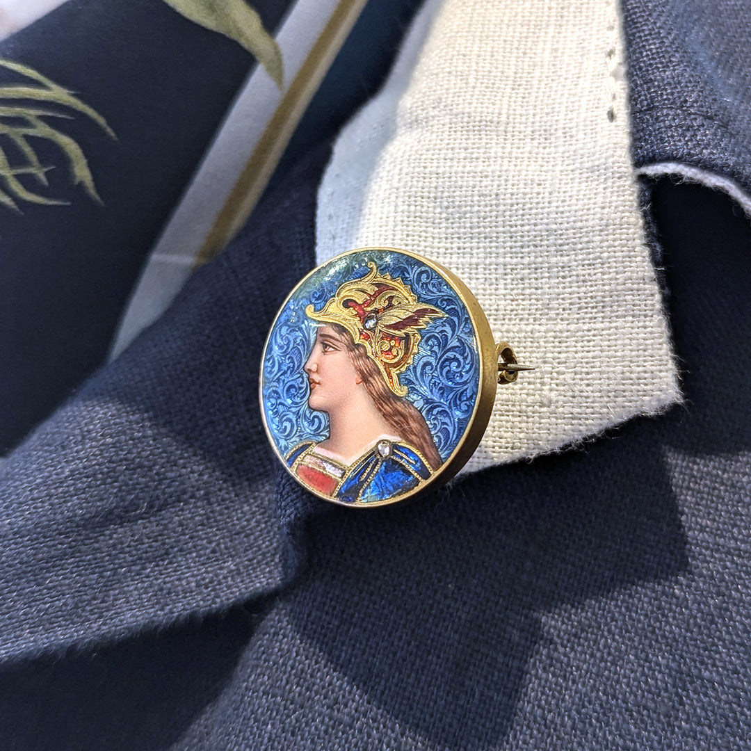 Antique French Limoges Enamel Warrior Woman Brooch in 18K Gold, Circa 1900