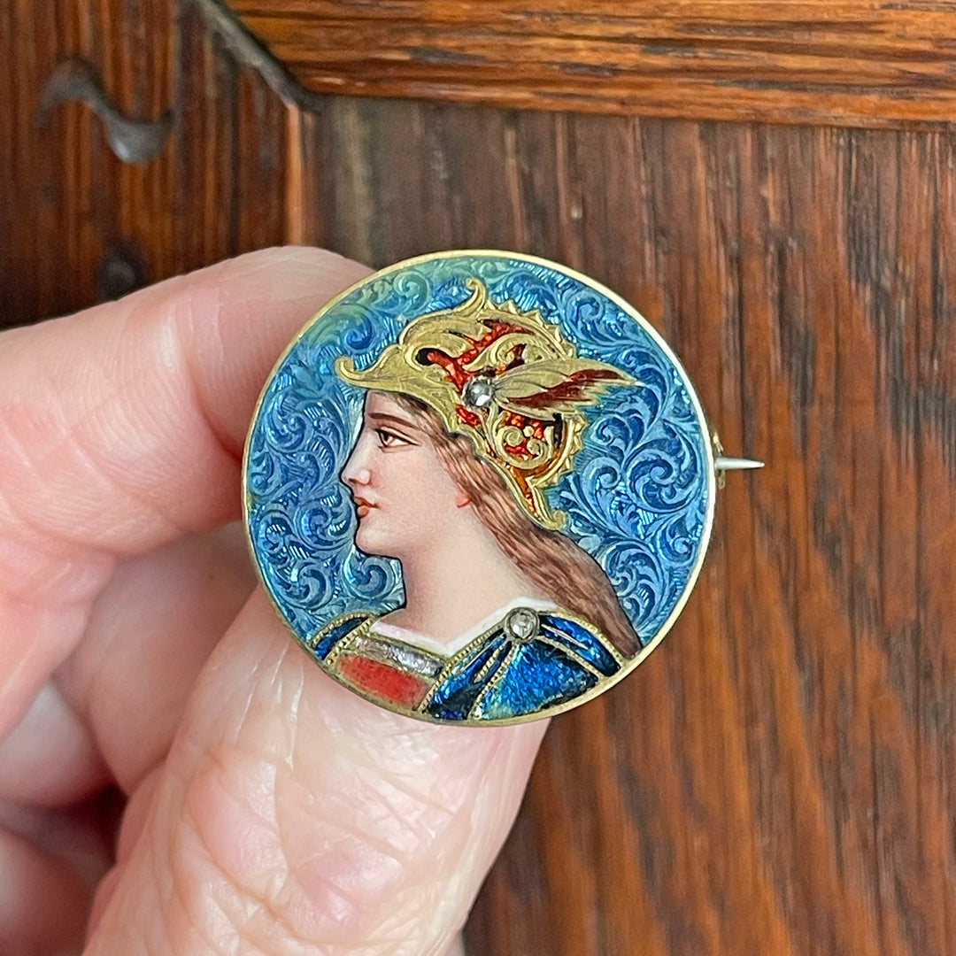 Antique French Limoges Enamel Warrior Woman Brooch in 18K Gold, Circa 1900