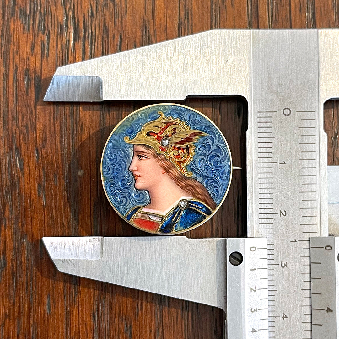 Antique French Limoges Enamel Warrior Woman Brooch in 18K Gold, Circa 1900