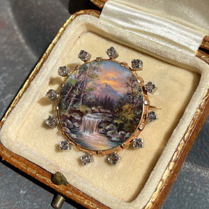 Antique 18k Gold French Enamel Scene Brooch Masterwork Diamond Frame