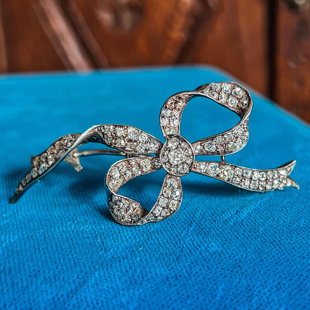 Antique Diamond Bow Brooch 18k Gold Silver Set