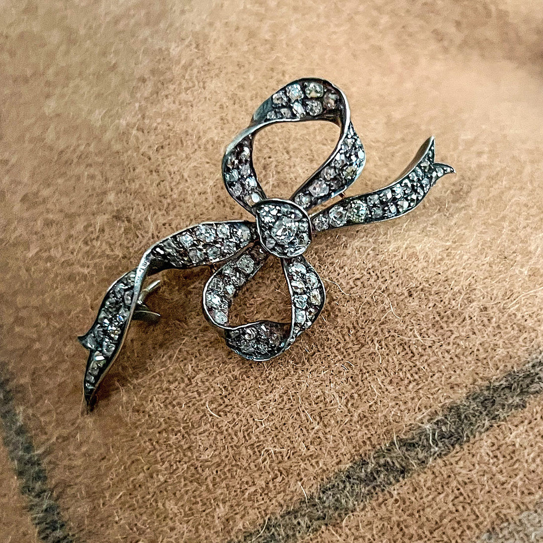 Antique Diamond Bow Brooch 18k Gold Silver Set