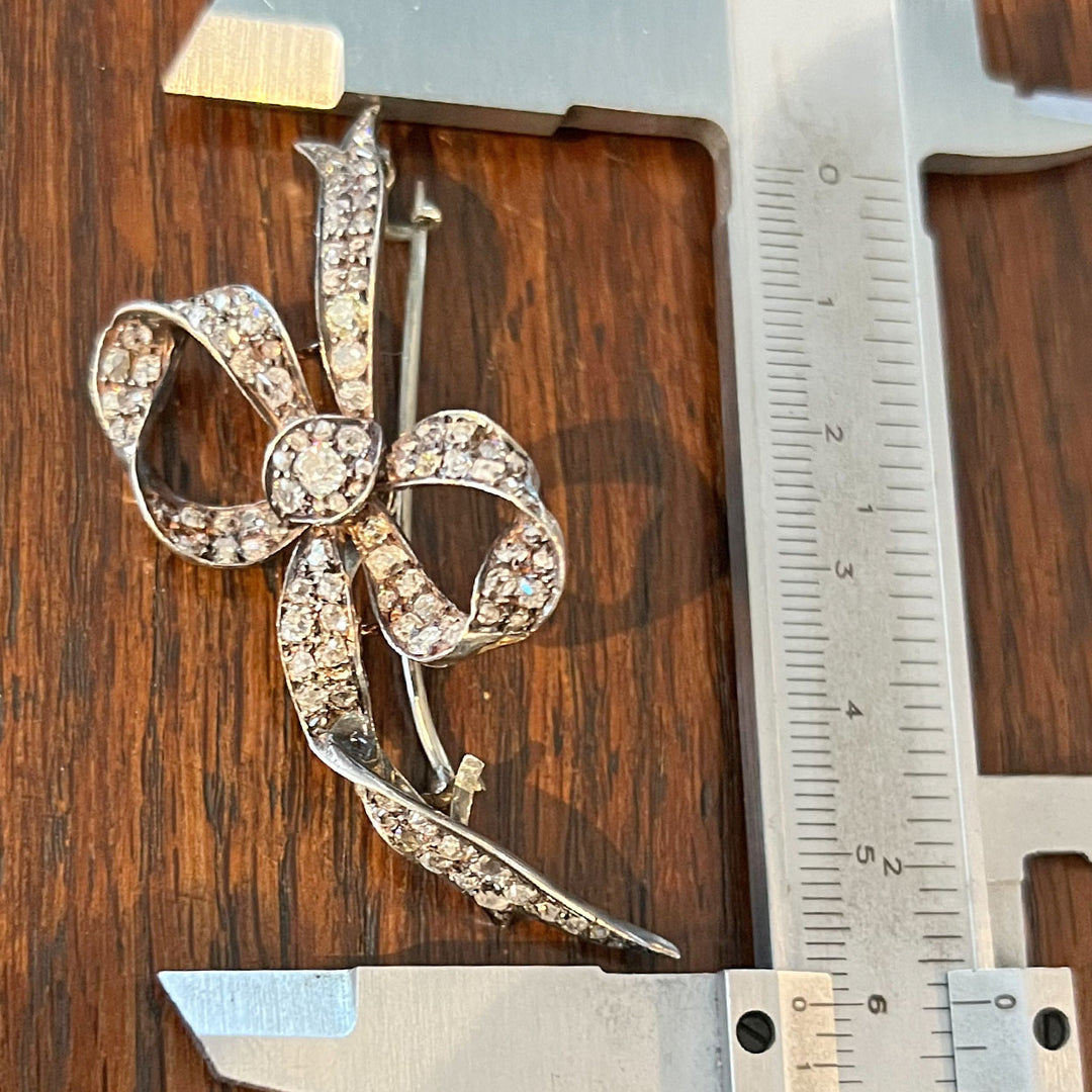 Antique Diamond Bow Brooch 18k Gold Silver Set