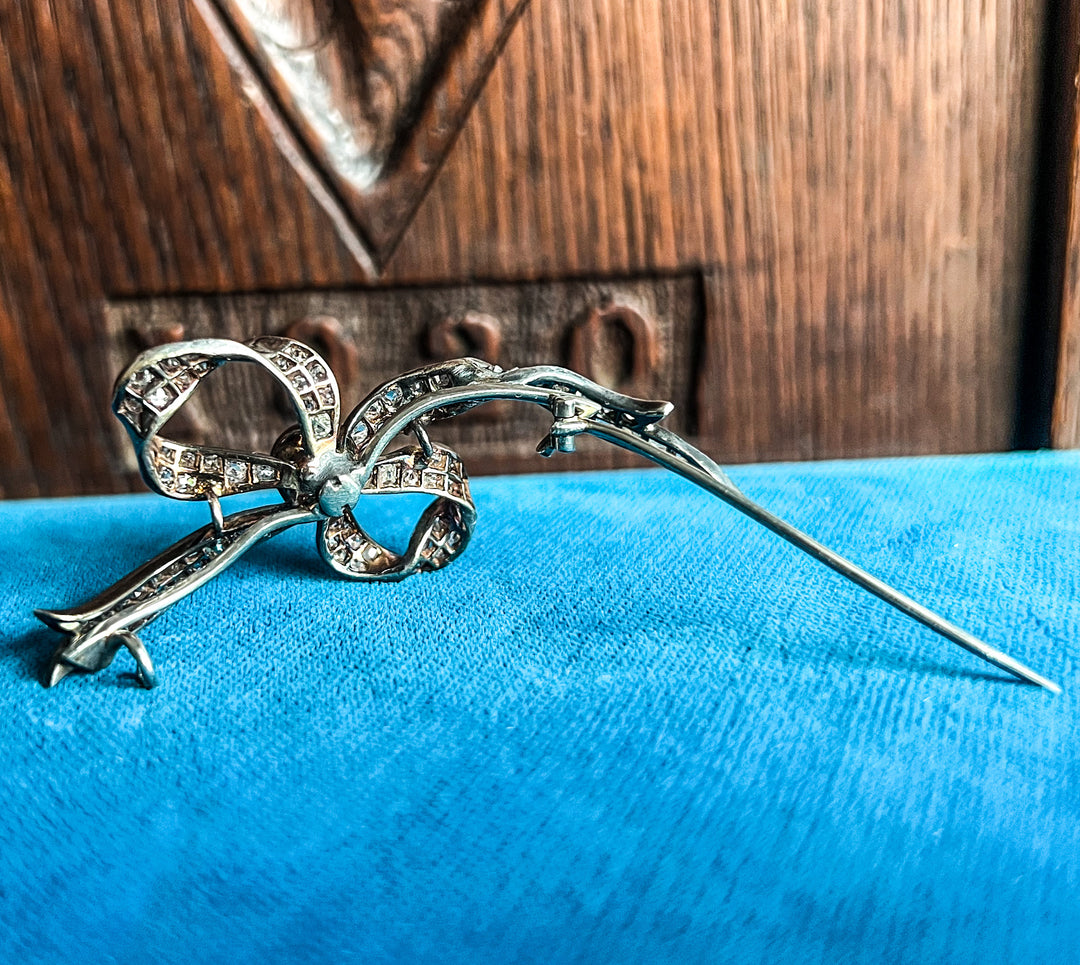 Antique Diamond Bow Brooch 18k Gold Silver Set