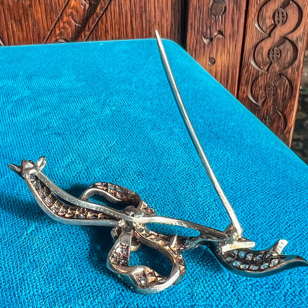 Antique Diamond Bow Brooch 18k Gold Silver Set