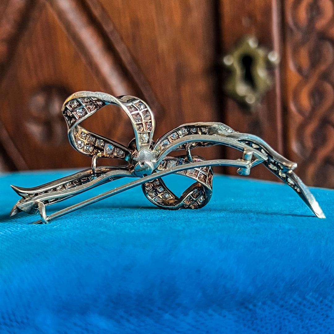 Antique Diamond Bow Brooch 18k Gold Silver Set