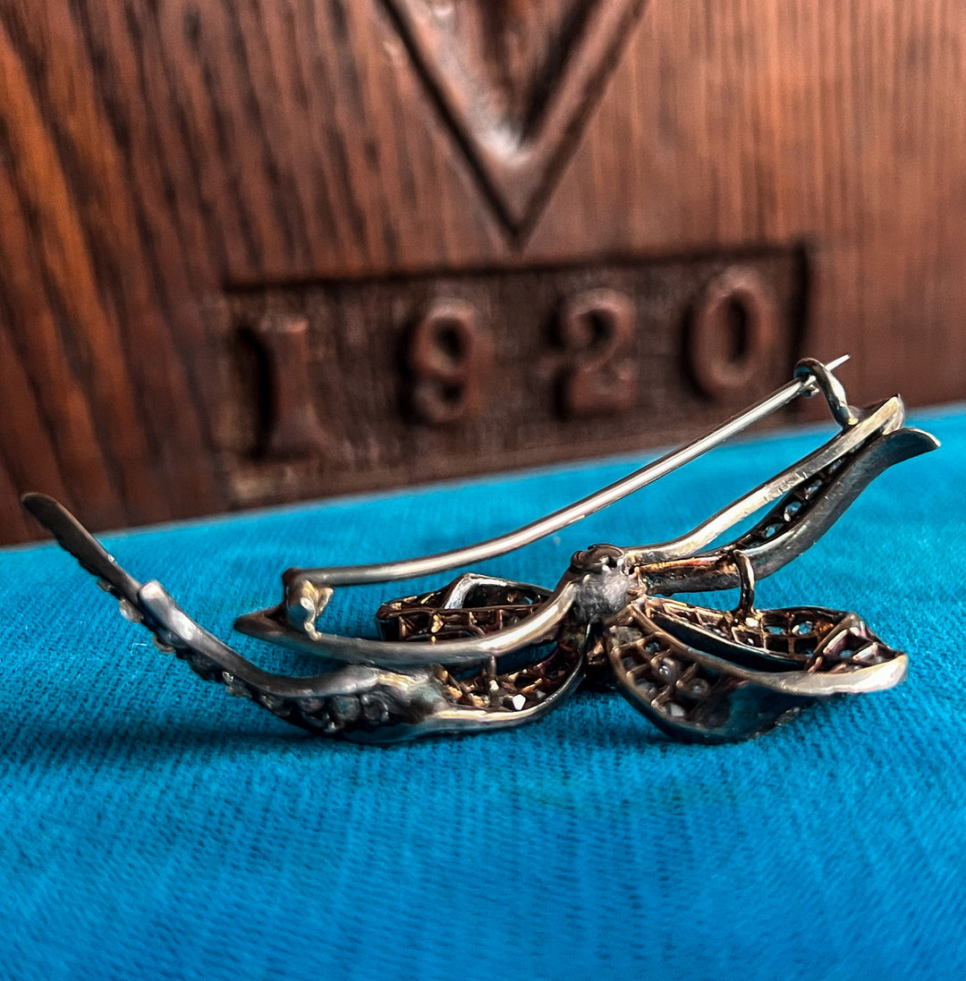 Antique Diamond Bow Brooch 18k Gold Silver Set