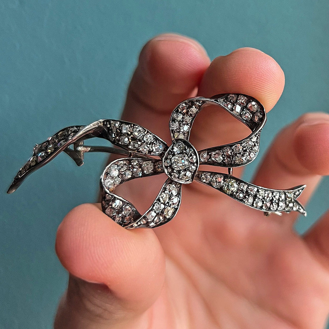 Antique Diamond Bow Brooch 18k Gold Silver Set