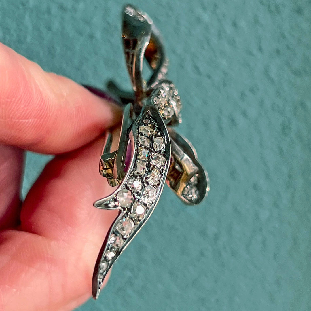 Antique Diamond Bow Brooch 18k Gold Silver Set