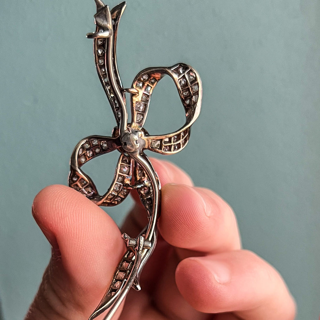 Antique Diamond Bow Brooch 18k Gold Silver Set