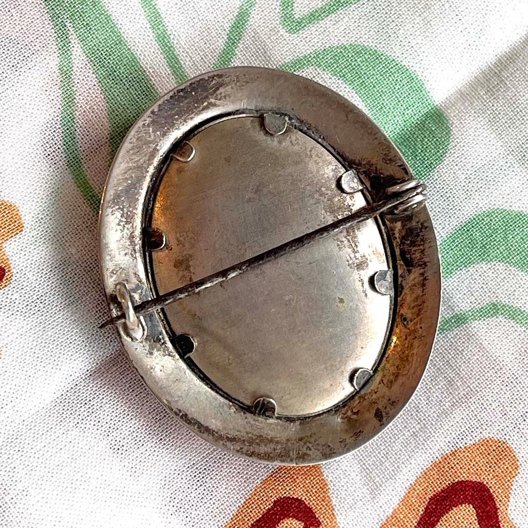 Victorian Locket Brooch with Enamel Portrait Silver Niello