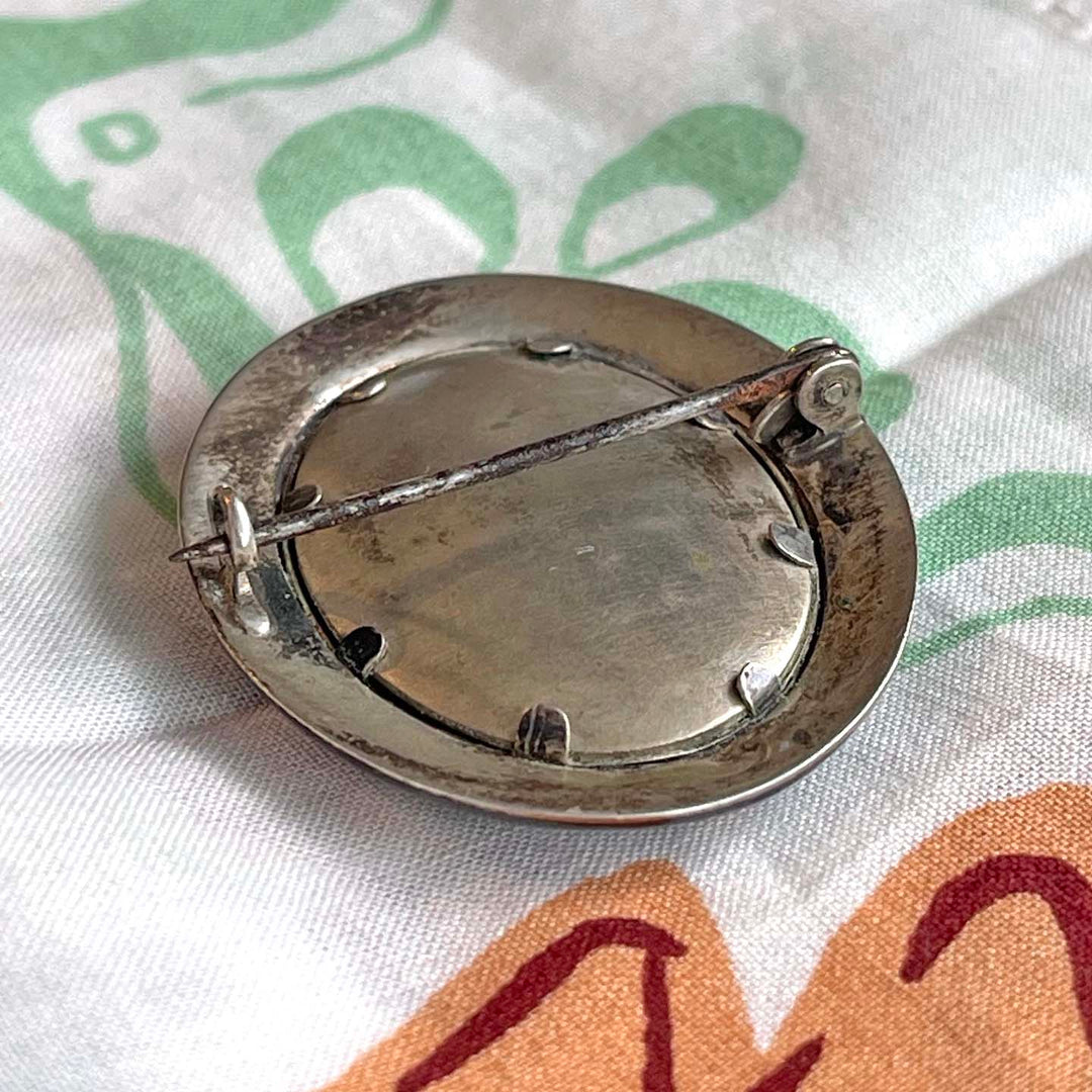 Victorian Locket Brooch with Enamel Portrait Silver Niello