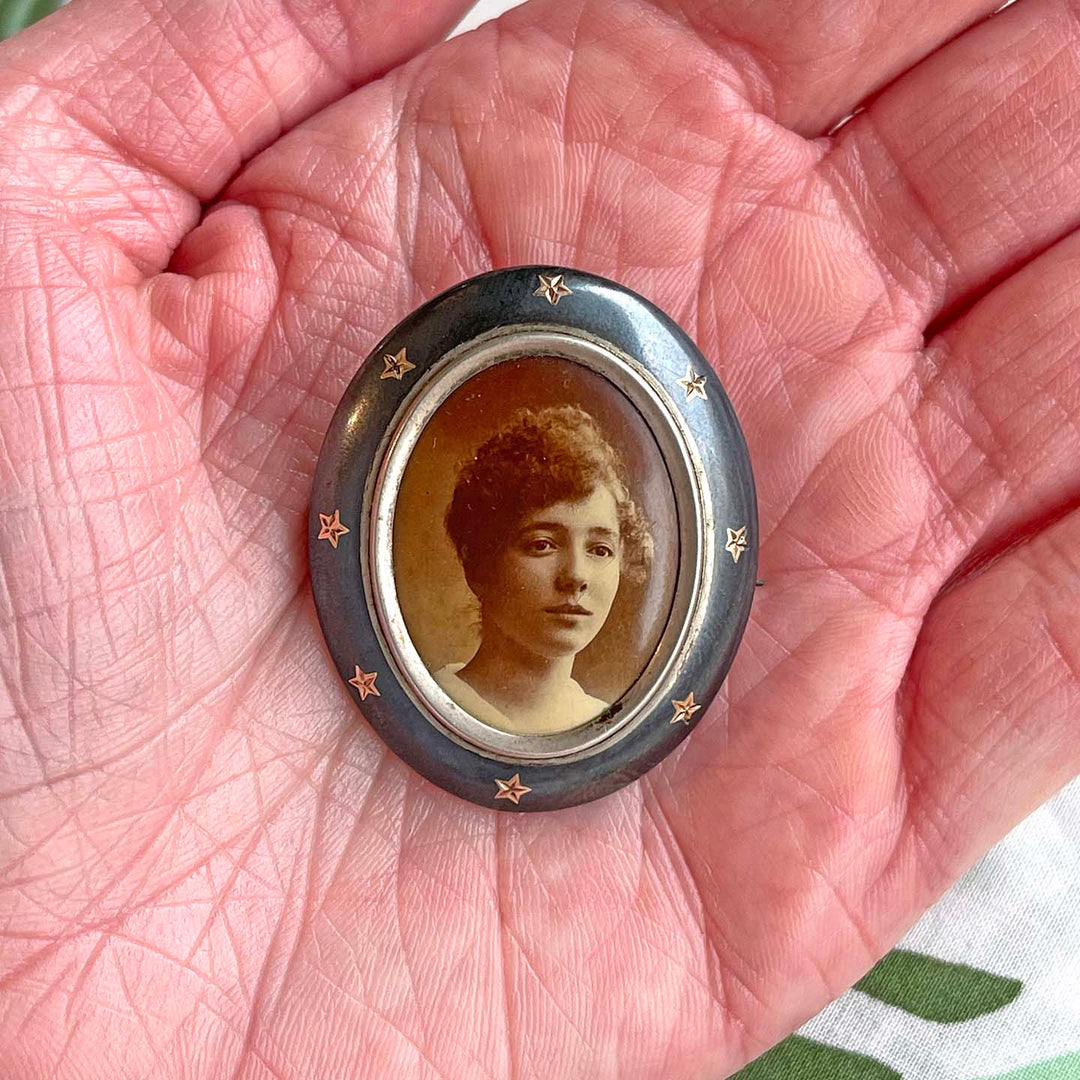 Victorian Locket Brooch with Enamel Portrait Silver Niello