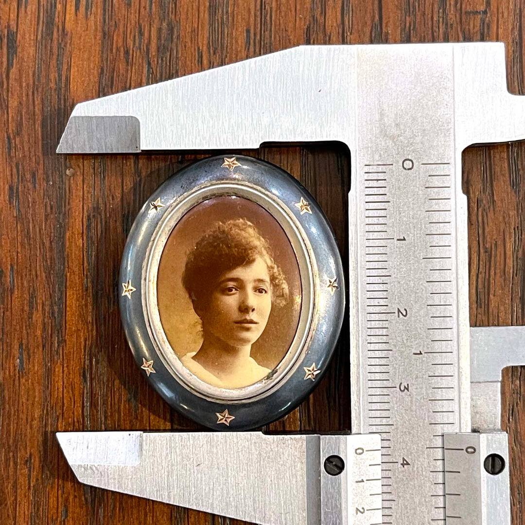 Victorian Locket Brooch with Enamel Portrait Silver Niello
